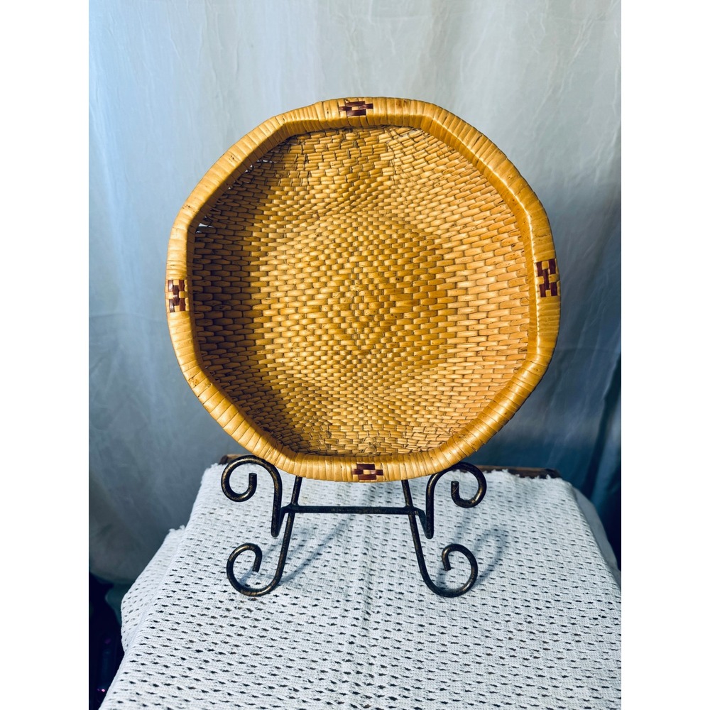 Unbranded Woven Wicker Bowl Home Decor 9in Brown Boho Geometric Wall Basket